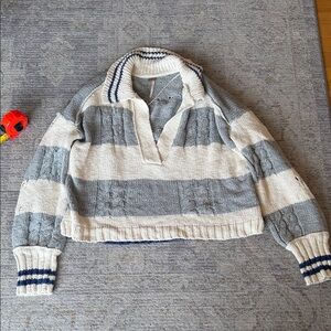 Free People Blue and Cream V-Neck Sweater